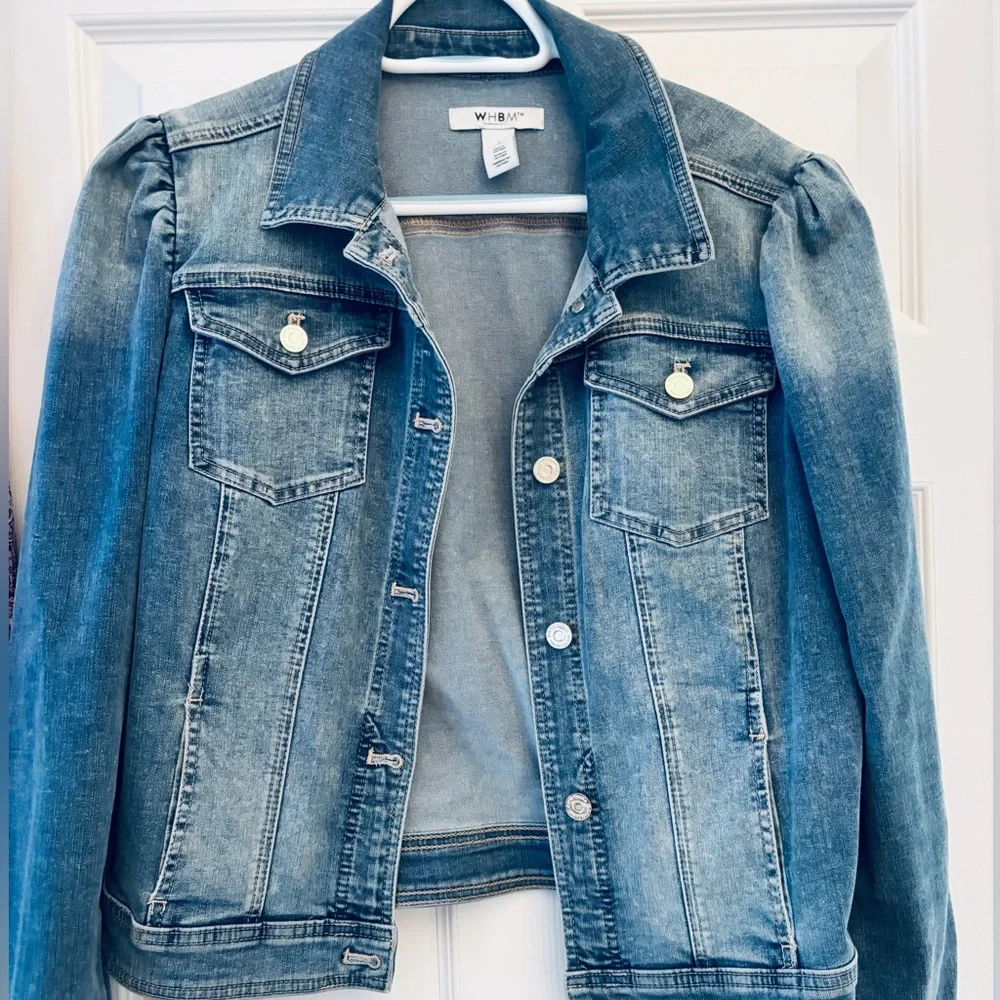 White House Black Market Denim Jacket with Puff Shoulders Large WHBM - Picture 3 of 6
